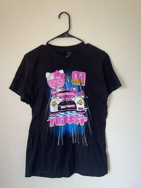 Hello Kitty Black Tee with Pink Racing Car Graphic